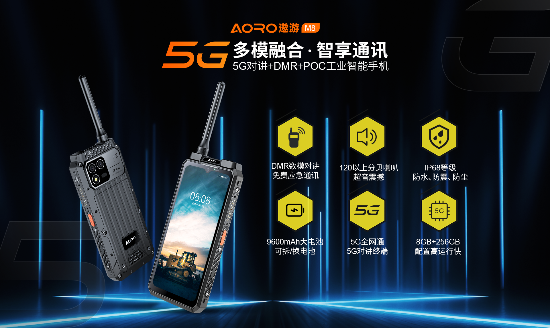 AORO遨游M8多模融合智享通讯，5G对讲+DMR+PoC工业智能手机、5G全网通5G 